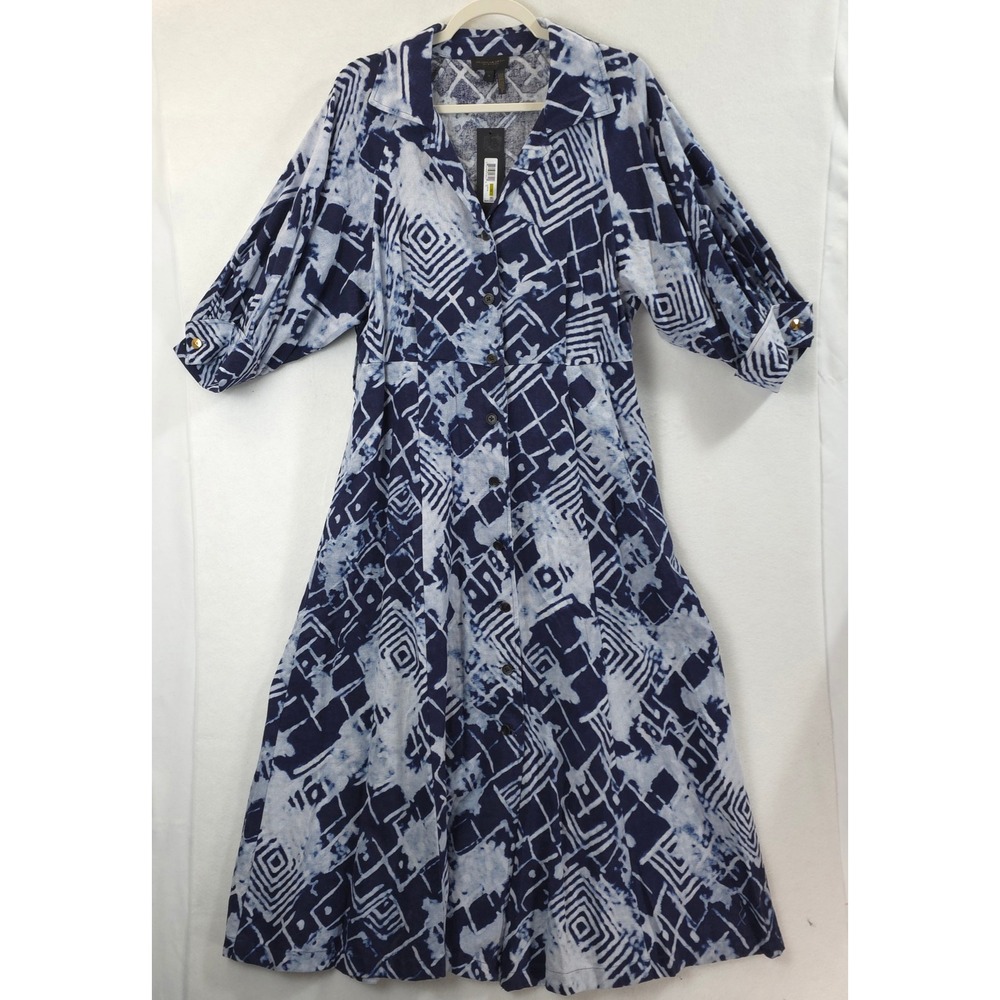 Donna Karan New York Linen Blend Shirt Dress 14 Blue Abstract NWT Coastal Chic - Picture 2 of 13